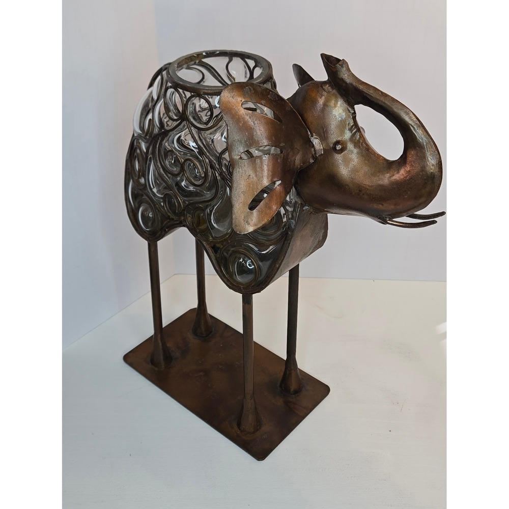 Vintage Hand-Crafted Metal Glass Elephant Candle Holder Plant Holder India